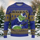 Baltimore Ravens Grinch With Ball Ugly Christmas Sweater Front - TeeUgly