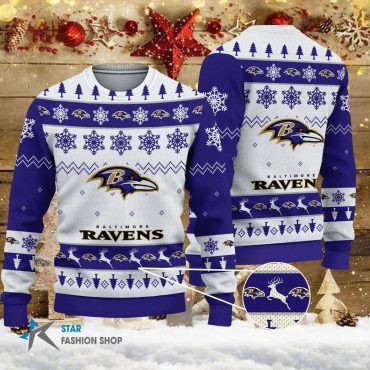 Baltimore Ravens Snowflake & Reindeer Ugly Christmas Sweater