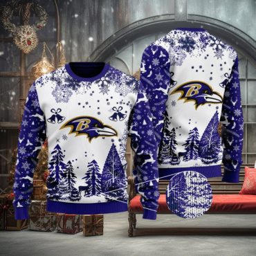 Baltimore Ravens Snowy Pines Holiday Ugly Christmas Sweater