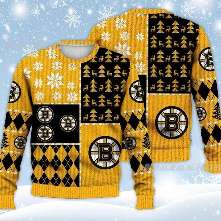 Boston Bruins Festive Checkerboard Ugly Christmas Sweater