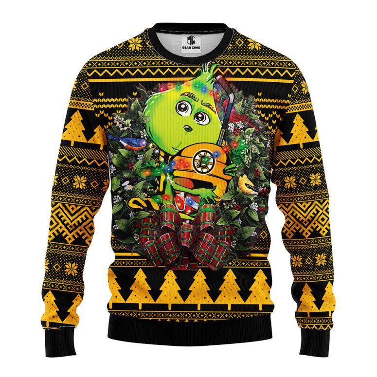 Boston Bruins Grinch Hug Ugly Christmas Sweater