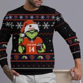 Chicago Bears Personalized Grinch Player Ugly Christmas Sweater Front - TeeUgly
