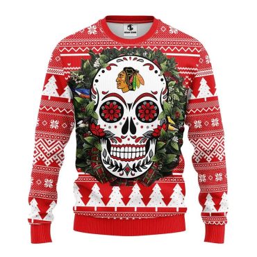 Chicago Blackhawks Skull Flower Ugly Christmas Sweater