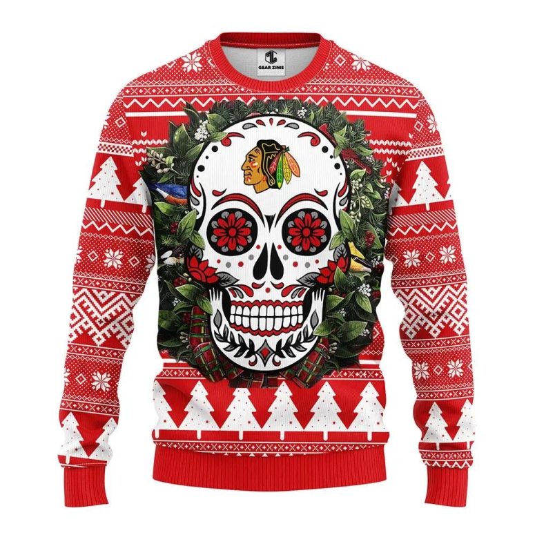 Chicago Blackhawks Skull Flower Ugly Christmas Sweater