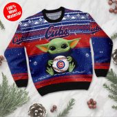 Chicago Cubs Baby Yoda Baseball Ugly Christmas Sweater Front - TeeUgly