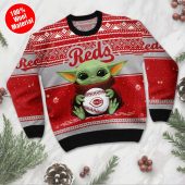 Cincinnati Reds Baby Yoda Baseball Ugly Christmas Sweater Front - TeeUgly