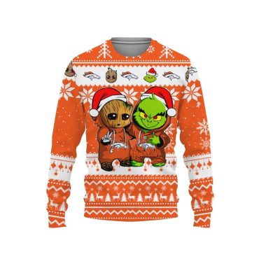Denver Broncos Baby Groot And Grinch Best Friends Ugly Christmas Sweater