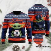 Detroit Tigers Baby Yoda Baseball Ugly Christmas Sweater - TeeUgly