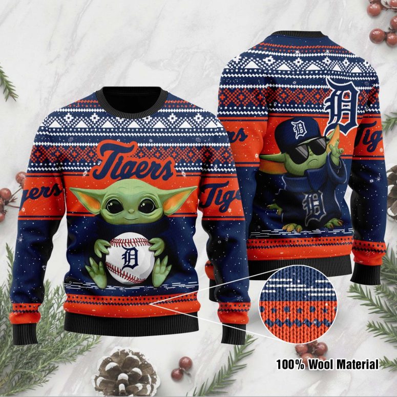 Detroit Tigers Baby Yoda Baseball Ugly Christmas Sweater