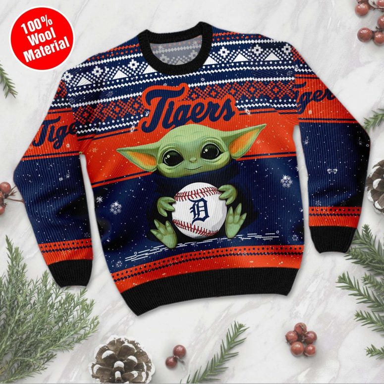 Detroit Tigers Baby Yoda Baseball Ugly Christmas Sweater