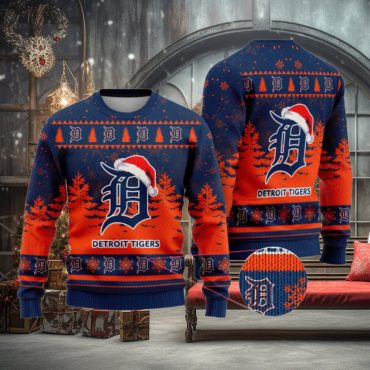 Detroit Tigers Santa Hat Holiday Ugly Christmas Sweater