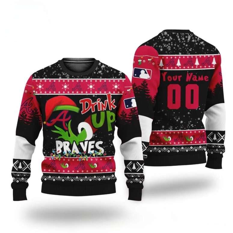 Grinch Drink Up Atlanta Braves Custom Ugly Christmas Sweater