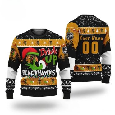 Grinch Drink Up Chicago Blackhawks Custom Ugly Christmas Sweater