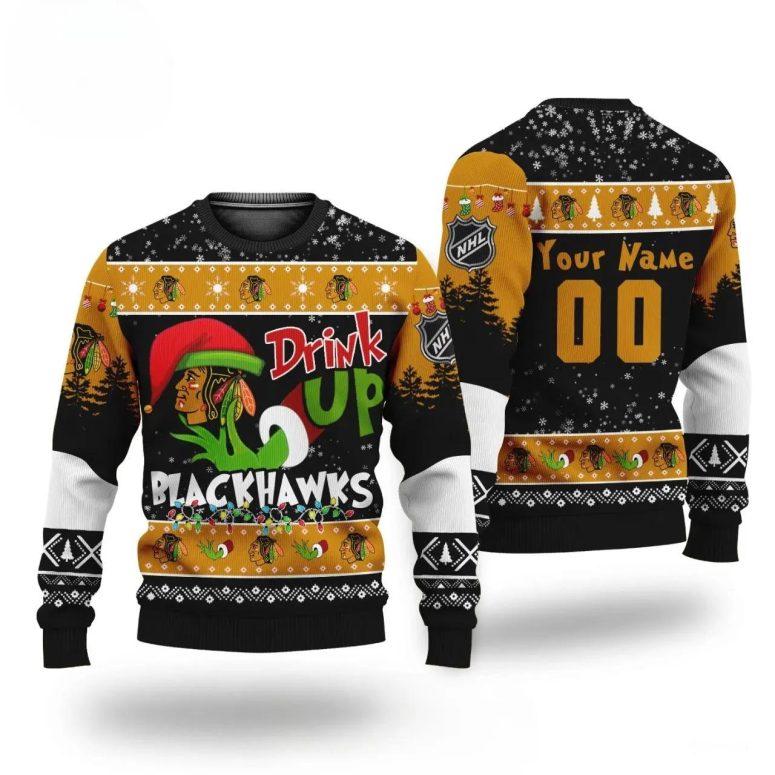Grinch Drink Up Chicago Blackhawks Custom Ugly Christmas Sweater