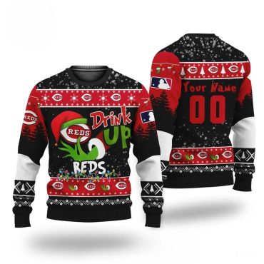 Grinch Drink Up Cincinnati Reds Custom Ugly Christmas Sweater