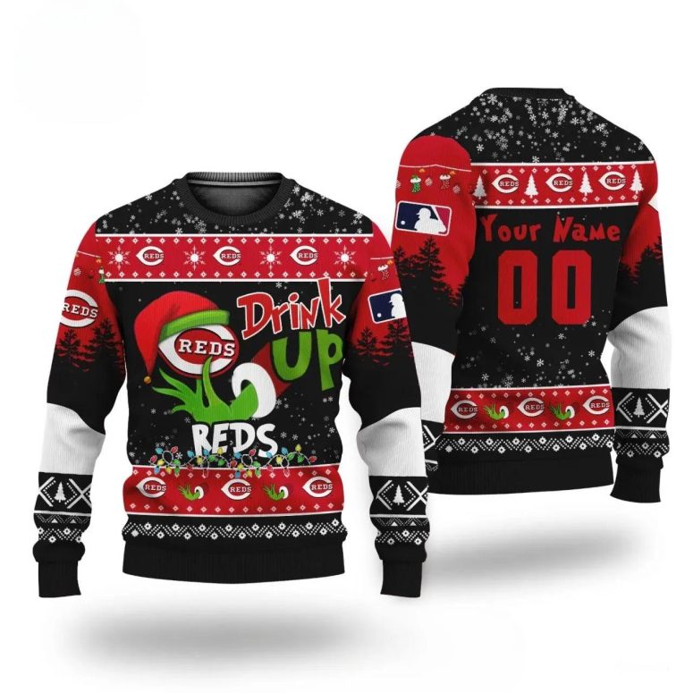 Grinch Drink Up Cincinnati Reds Custom Ugly Christmas Sweater