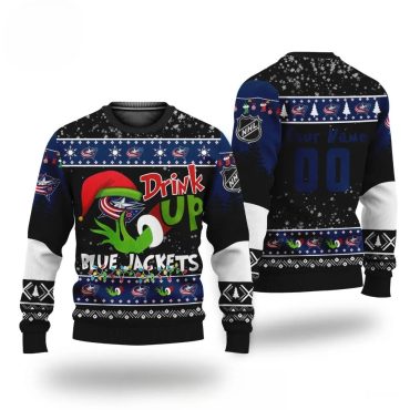 Grinch Drink Up Columbus Blue Jackets Custom Ugly Christmas Sweater