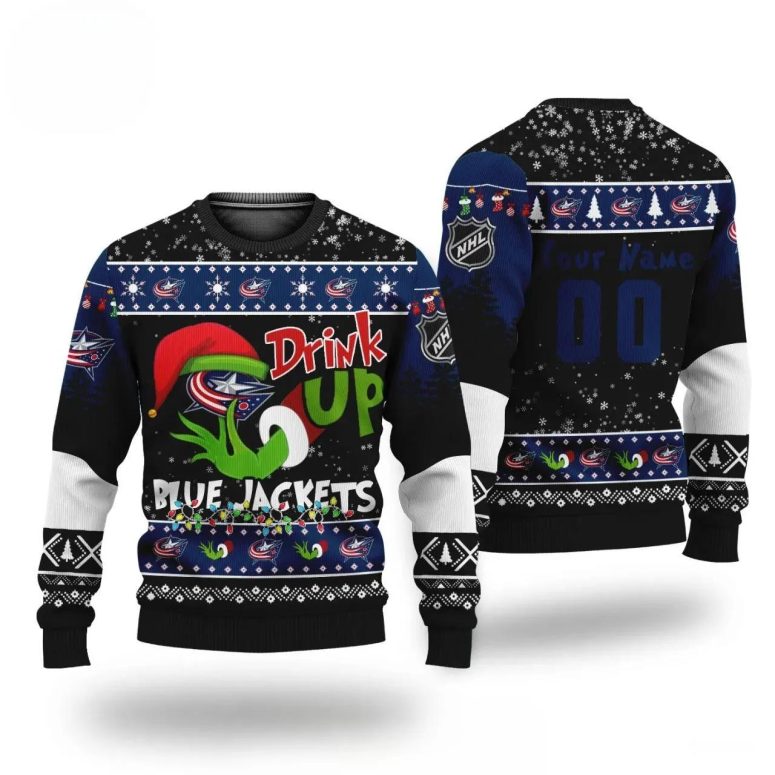 Grinch Drink Up Columbus Blue Jackets Custom Ugly Christmas Sweater
