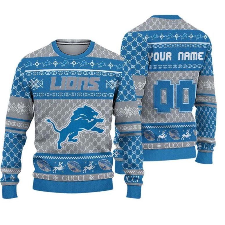 Detroit Lions Blue Frost Pattern Ugly Christmas Sweater