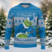 Detroit Lions Grinch Santa Magic Ugly Christmas Sweater Front - TeeUgly