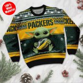 Green Bay Packers Baby Yoda Ugly Christmas Sweater Front - TeeUgly