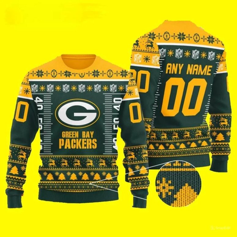Green Bay Packers Football Yard Line Custom Name Ugly Christmas Sweater