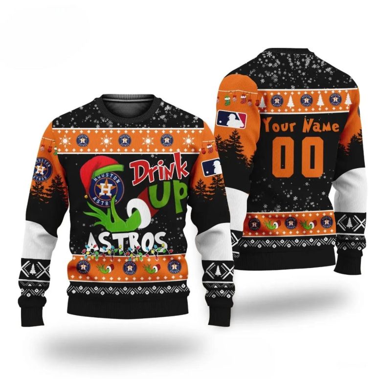 Grinch Drink Up Houston Astros Custom Ugly Christmas Sweater