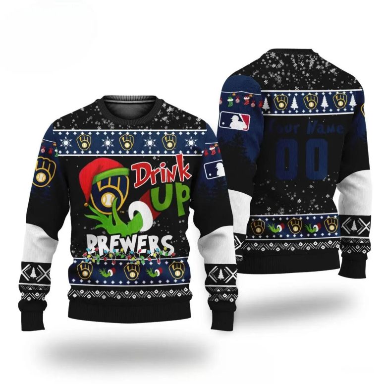 Grinch Drink Up Milwaukee Brewers Custom Ugly Christmas Sweater