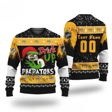 Grinch Drink Up Nashville Predators Custom Ugly Christmas Sweater