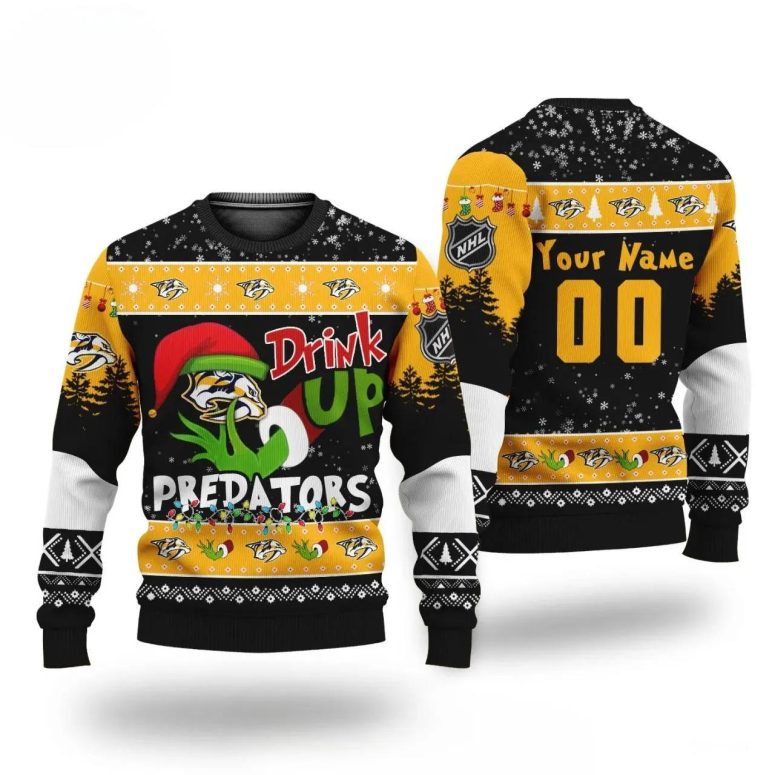 Grinch Drink Up Nashville Predators Custom Ugly Christmas Sweater