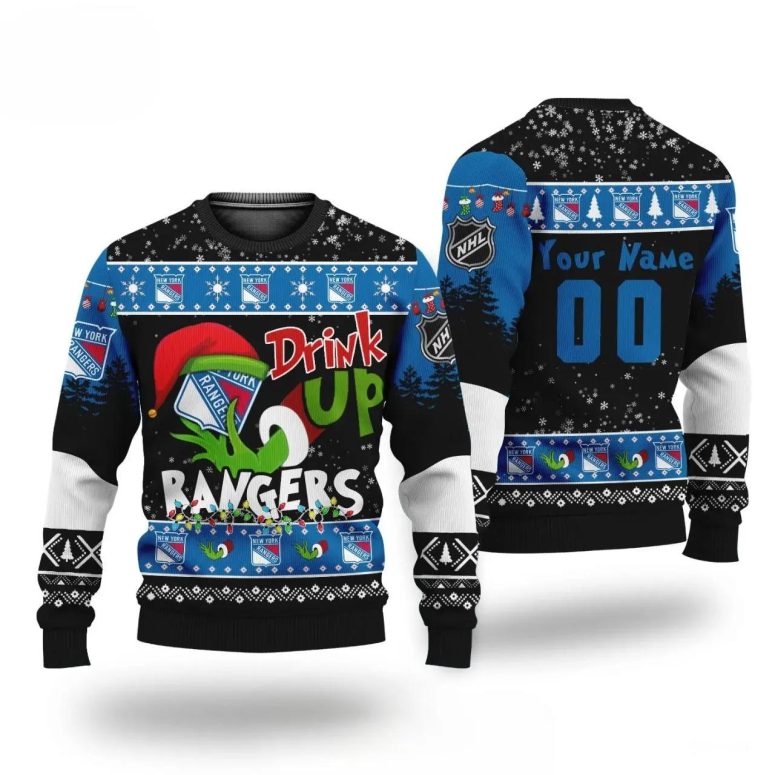 Grinch Drink Up New York Rangers Custom Ugly Christmas Sweater