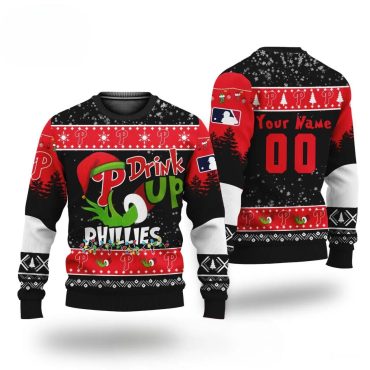 Grinch Drink Up Philadelphia Phillies Custom Ugly Christmas Sweater