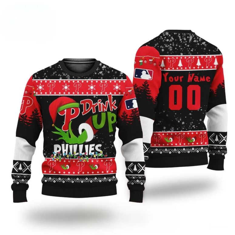 Grinch Drink Up Philadelphia Phillies Custom Ugly Christmas Sweater