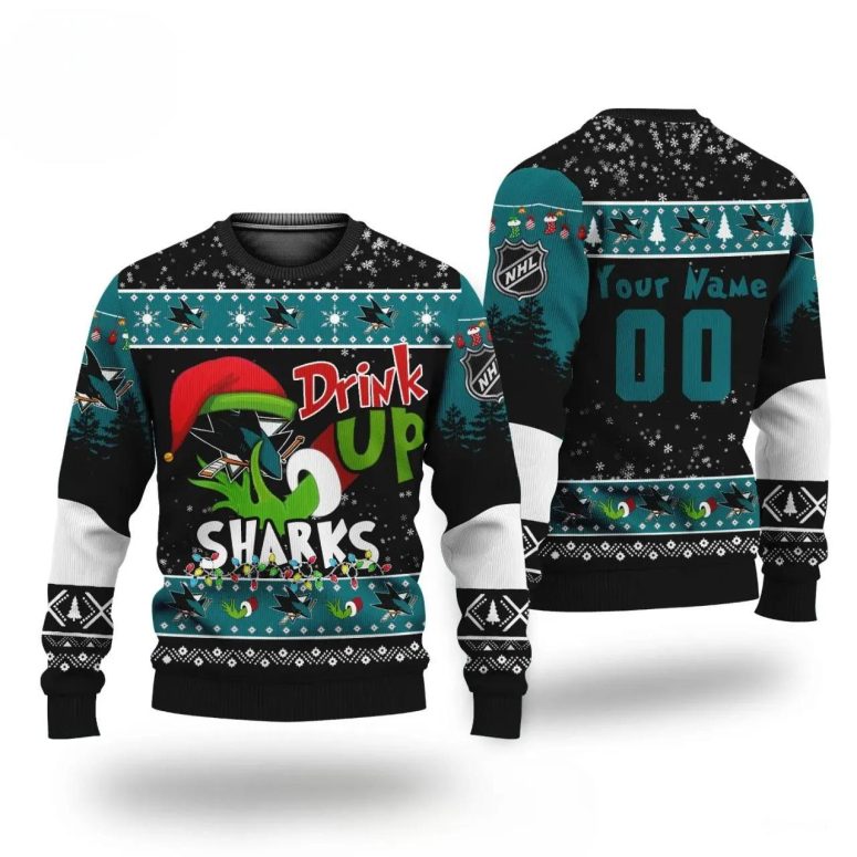 Grinch Drink Up San Jose Sharks Custom Ugly Christmas Sweater