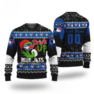 Grinch Drink Up Toronto Blue Jays Custom Ugly Christmas Sweater