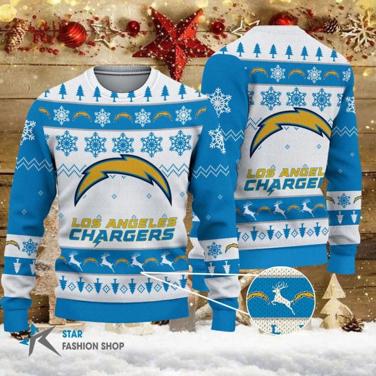 Los Angeles Chargers Snowflake Blitz Ugly Christmas Sweater
