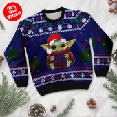 New York Giants Baby Yoda Christmas Cheer Ugly Christmas Sweater Front - TeeUgly