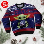 New York Giants Baby Yoda Football Fan Ugly Christmas Sweater Front - TeeUgly