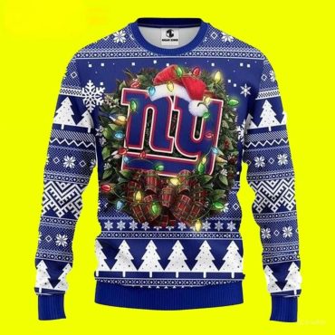 New York Giants Christmas Lights Wreath Ugly Christmas Sweater