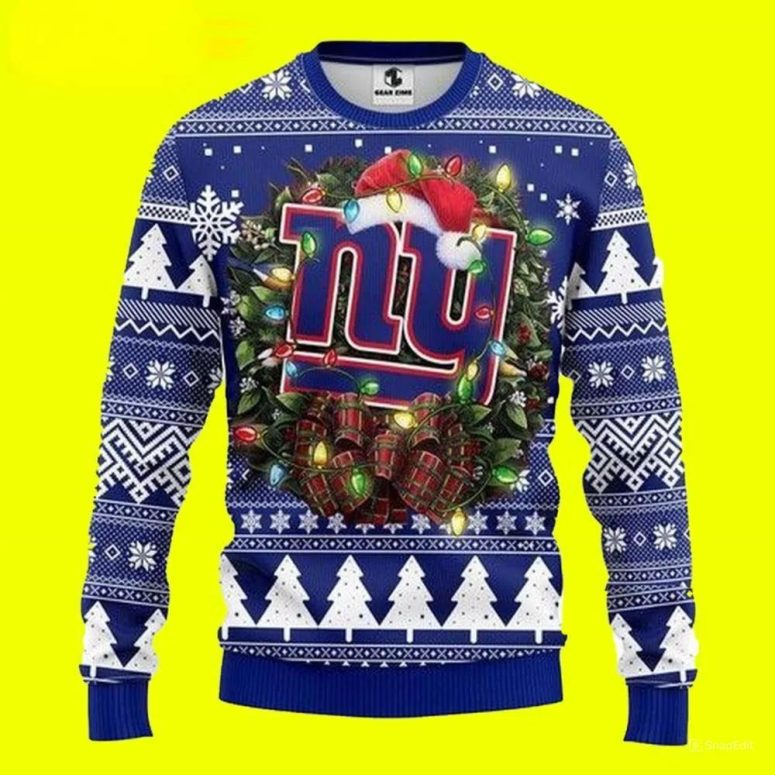 New York Giants Christmas Lights Wreath Ugly Christmas Sweater