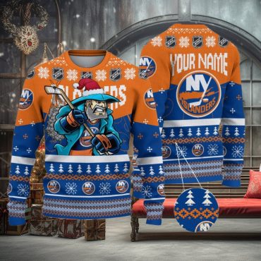 New York Islanders Mascot Fiery Skates Ugly Christmas Sweater