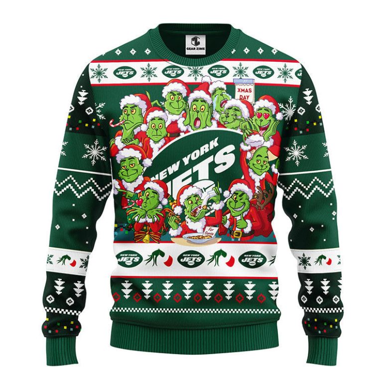 New York Jets 12 Grinch Xmas Day Ugly Christmas Sweater