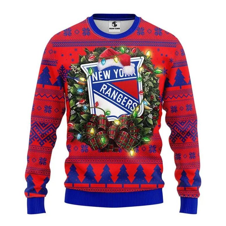 New York Rangers Santa Hat And Tree Ugly Christmas Sweater