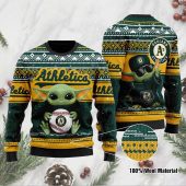 Oakland Athletics Baby Yoda Baseball Holiday Ugly Christmas Sweater - TeeUgly