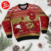 San Francisco 49ers Snoopy And Woodstock Football Ugly Christmas Sweater Front - TeeUgly