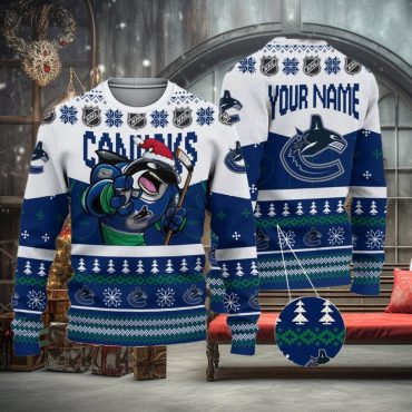 Vancouver Canucks Mascot Fiery Skates Ugly Christmas Sweater